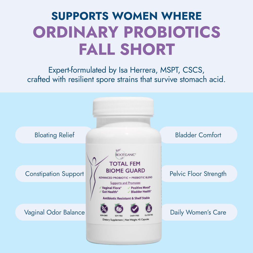 Rootganic Total Fem Biome Guard daily-use bottle suggesting a simple routine