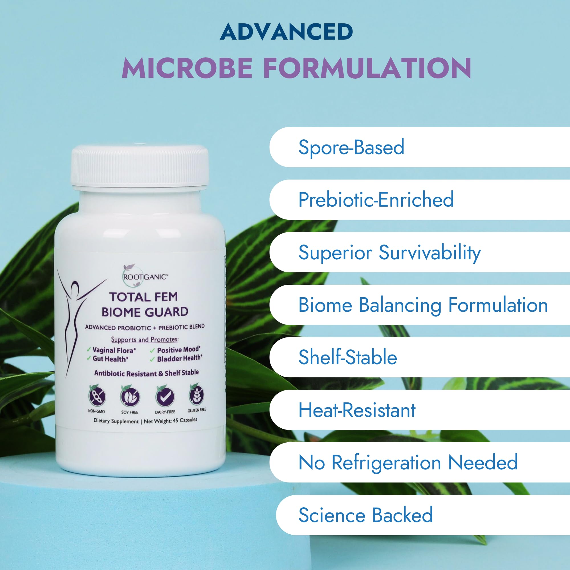 Rootganic Total Fem Biome Guard prebiotic blend with FOS and inulin for digestion