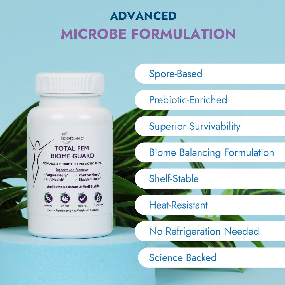 Rootganic Total Fem Biome Guard prebiotic blend with FOS and inulin for digestion