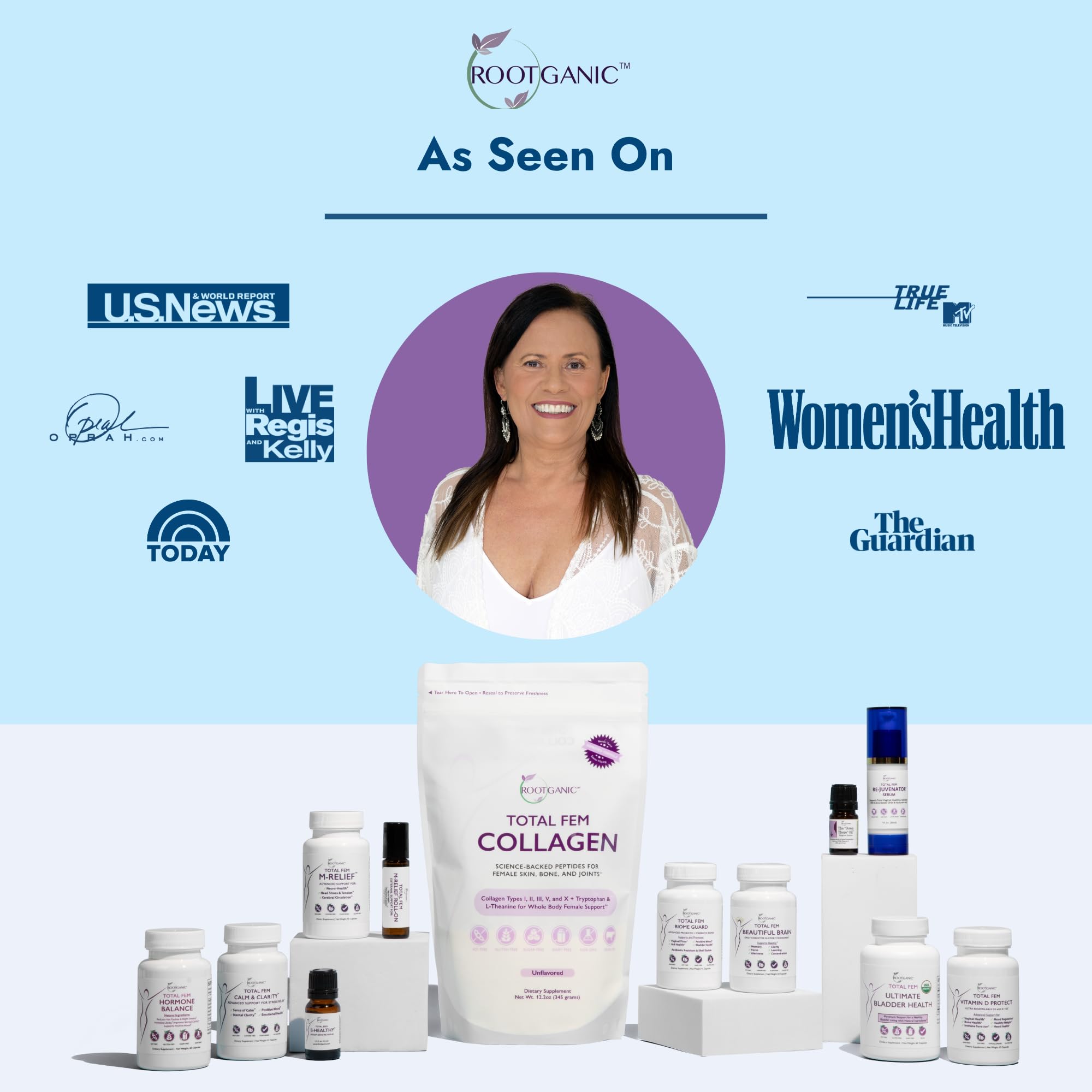 Rootganic Total Fem Biome Guard bottle in hand emphasizing gut and vaginal health