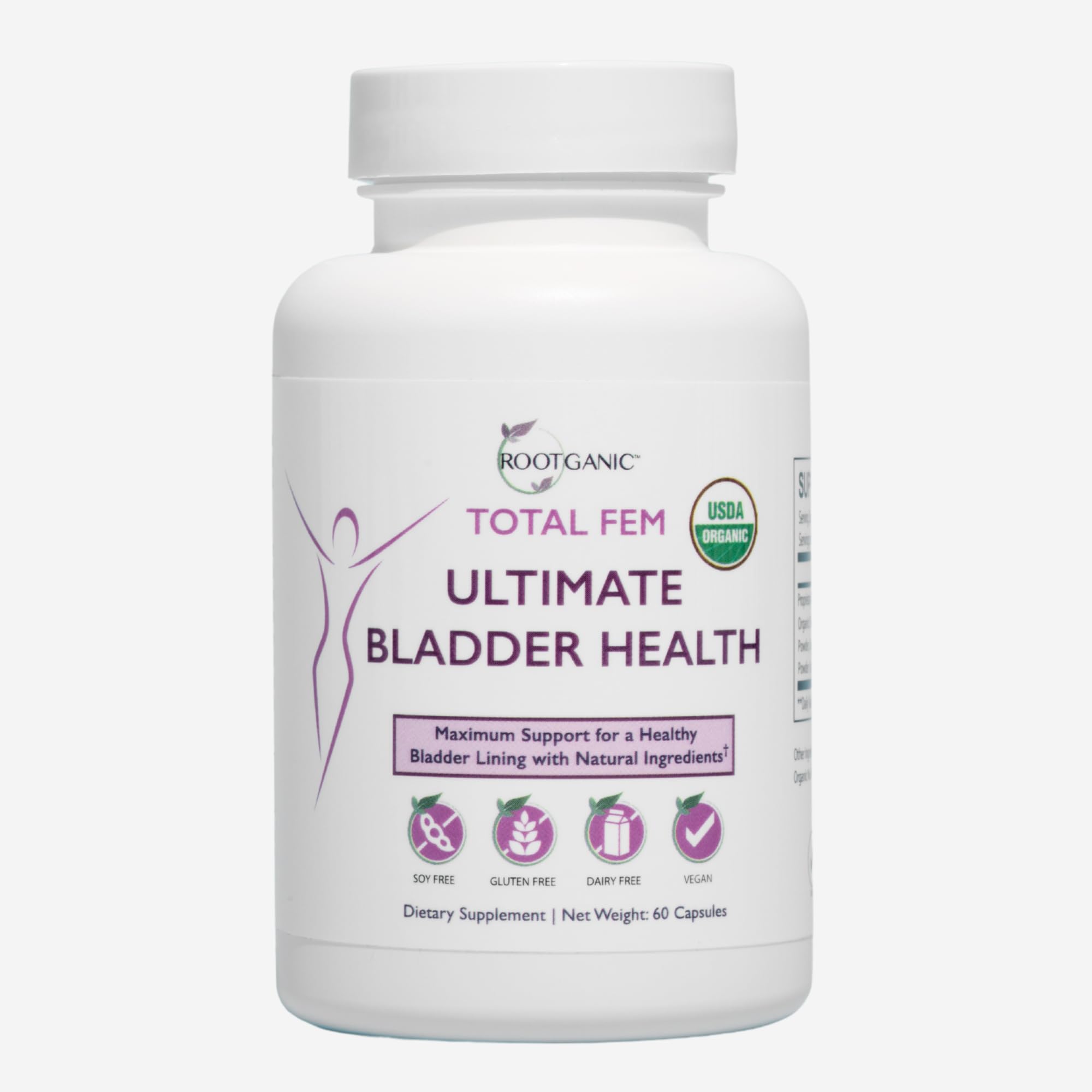 Rootganic Total Fem bottle with label promoting organic bladder health support for women.