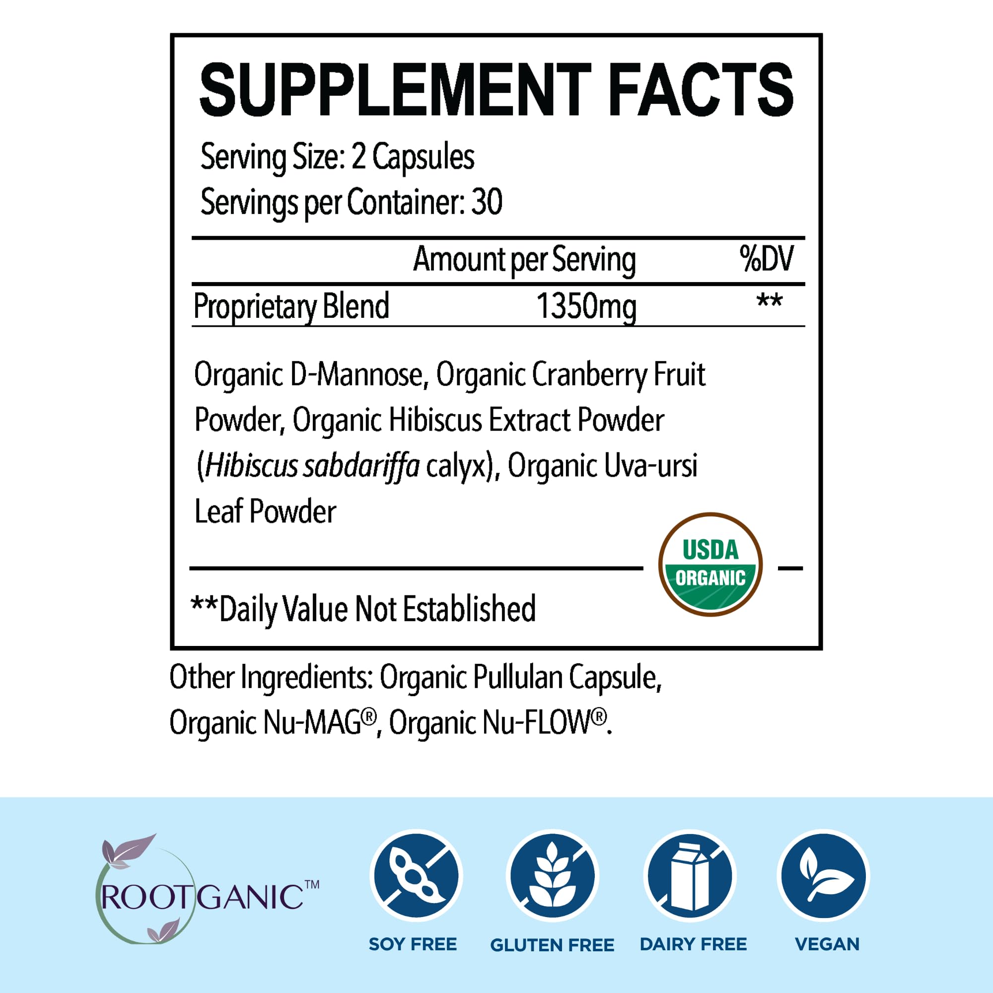 Close-up of Rootganic Total Fem capsules highlighting organic ingredients for urinary comfort.