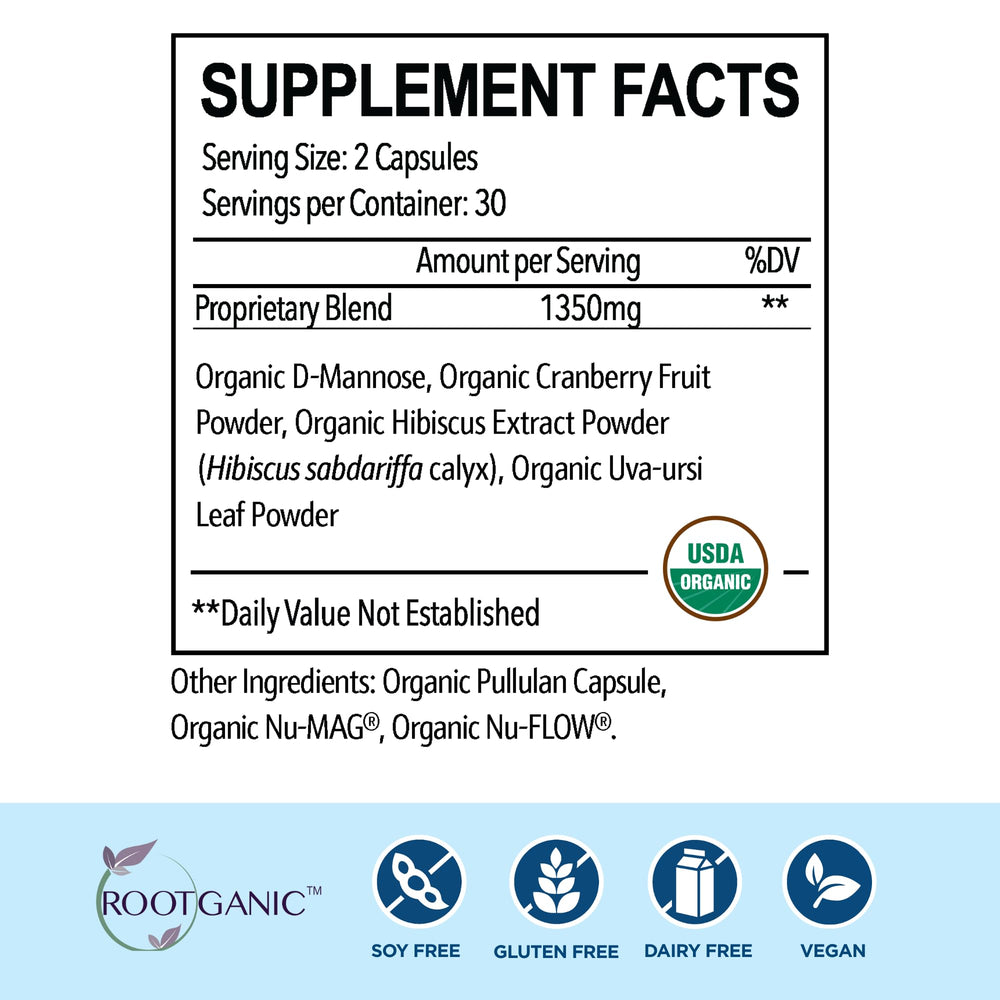 Close-up of Rootganic Total Fem capsules highlighting organic ingredients for urinary comfort.