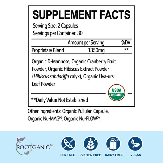 Close-up of Rootganic Total Fem capsules highlighting organic ingredients for urinary comfort.