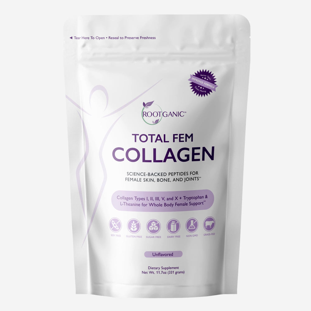Rootganic Total Fem collagen bottle showing the hormone-free formula for aging gracefully