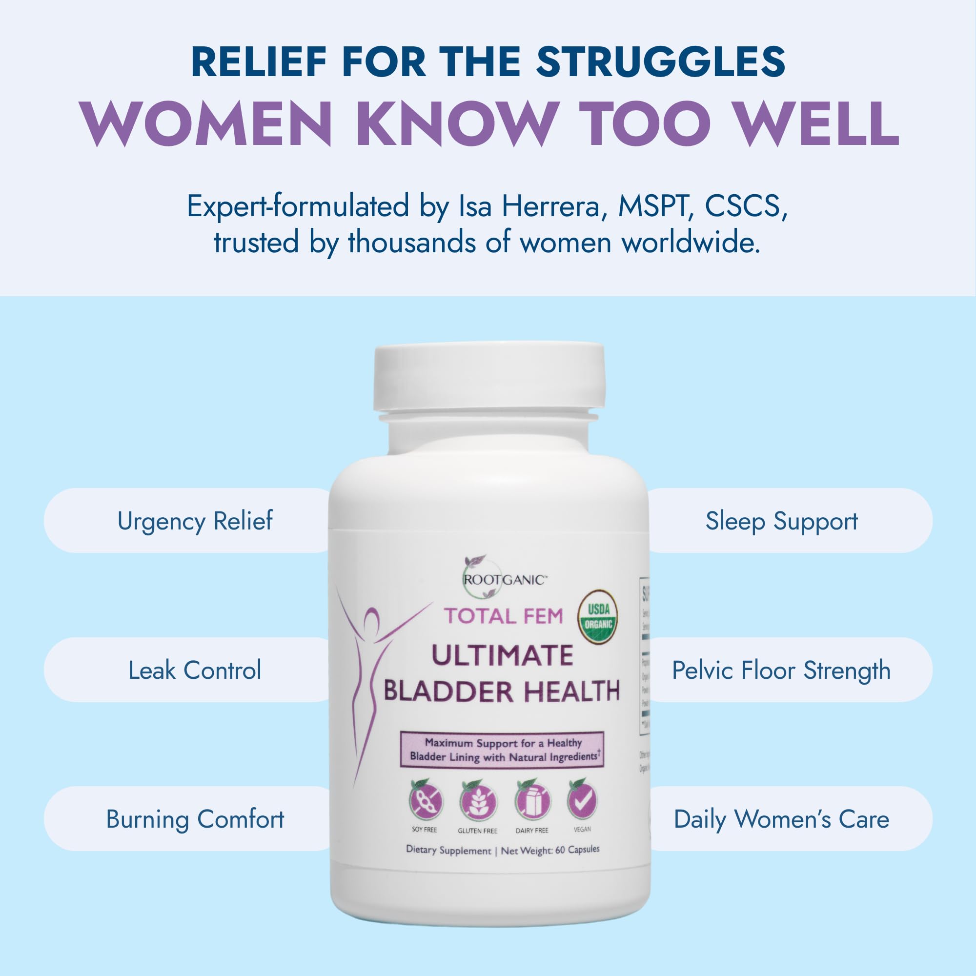 Product on shelf emphasizes a clean, organic bladder health solution for women.
