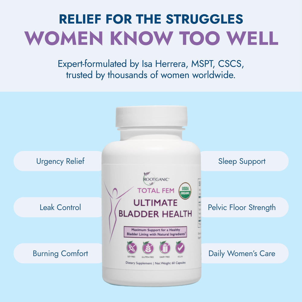 Product on shelf emphasizes a clean, organic bladder health solution for women.