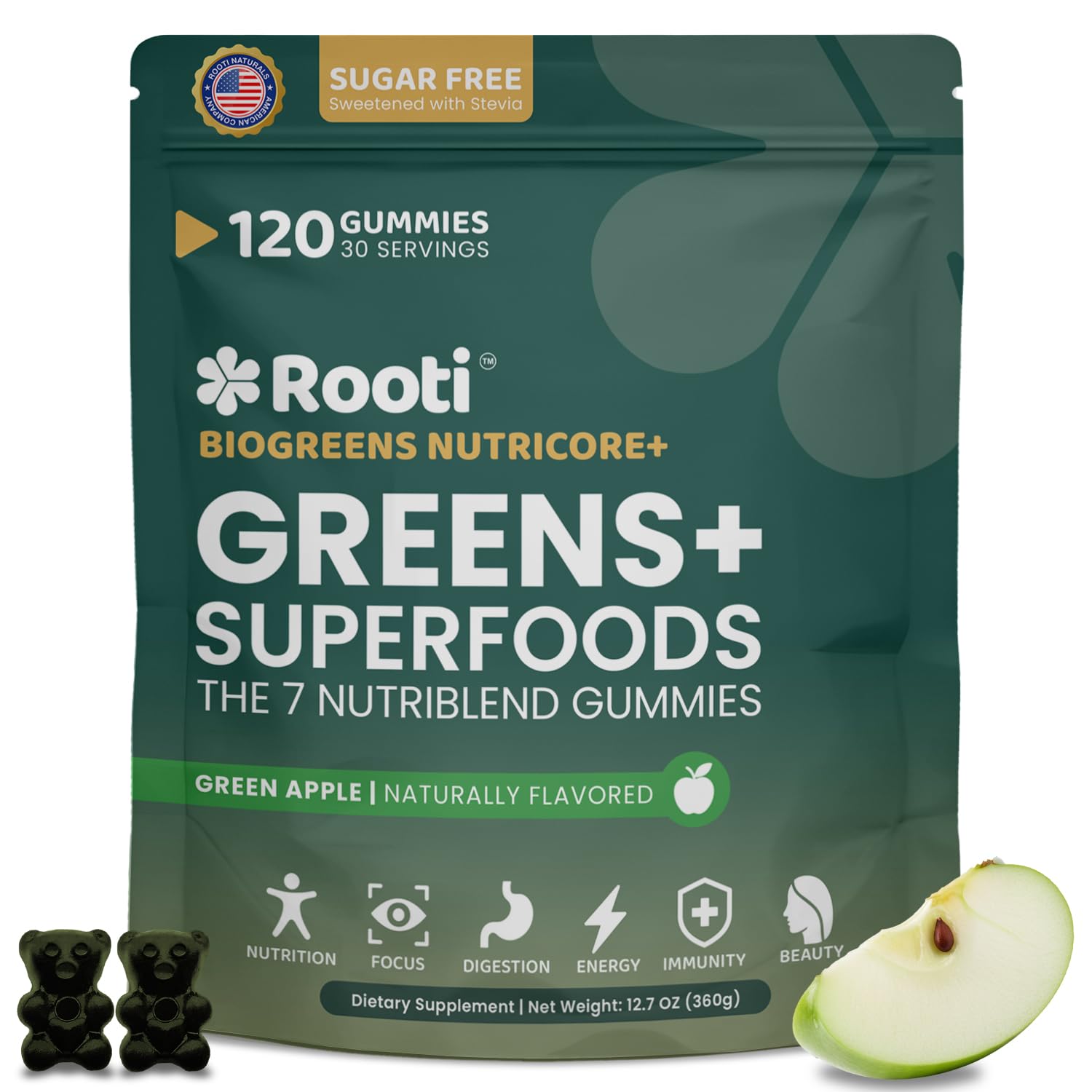 ROOTI Super Greens Gummies bottle front with vibrant label for daily greens