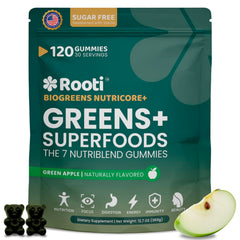ROOTI Super Greens Gummies bottle front with vibrant label for daily greens