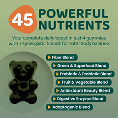ROOTI Super Greens Gummies bottle side highlighting convenient packaging