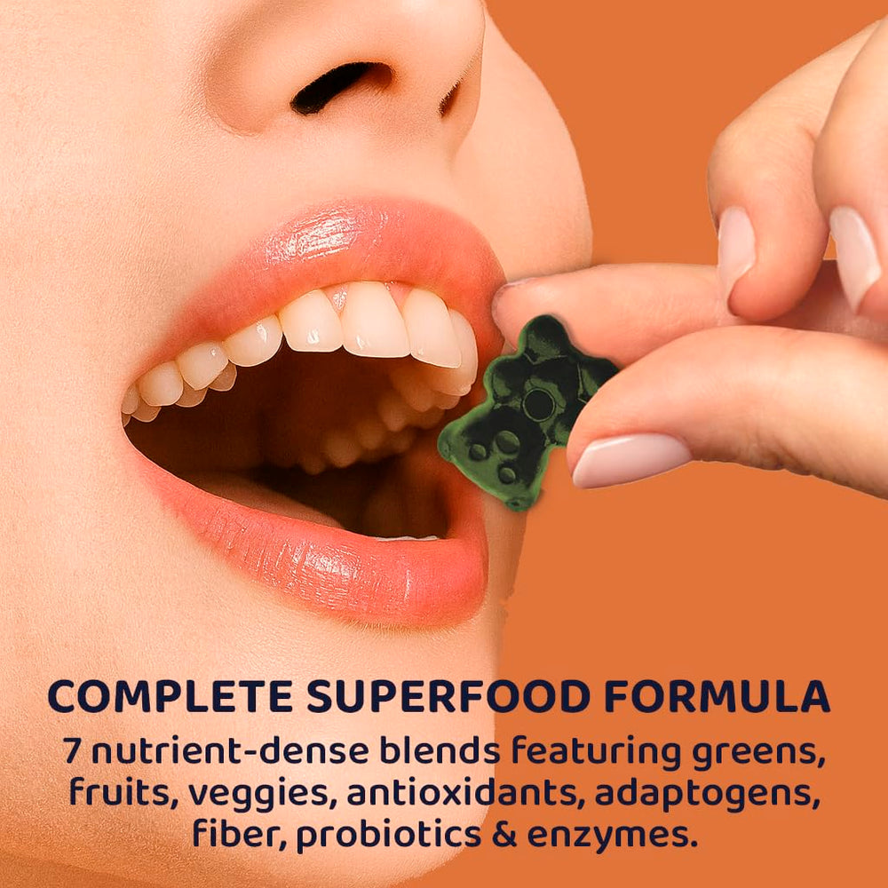 ROOTI Super Greens Gummies green apple flavor image suggesting tasty snacking