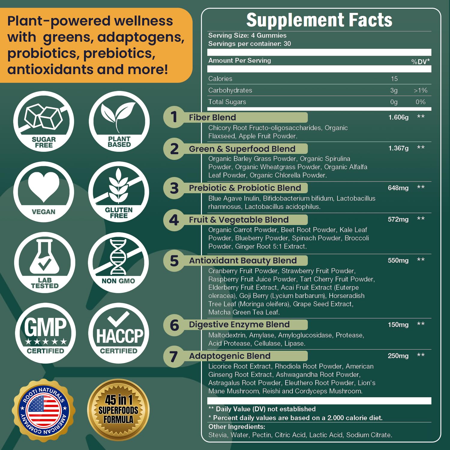 ROOTI Super Greens Gummies ingredients panel featuring whole-food blends