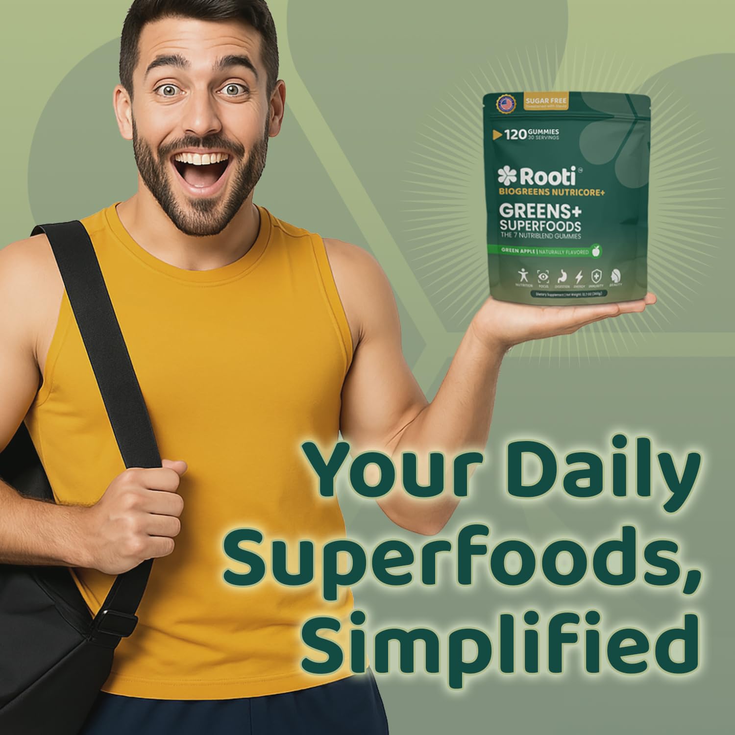 ROOTI Super Greens Gummies nutrition label outlining vitamins and minerals