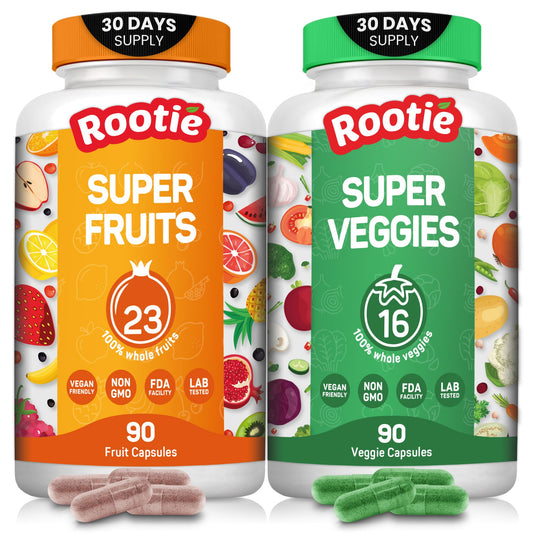 Rootie fruits and veggies blend bottle for daily wellness support.