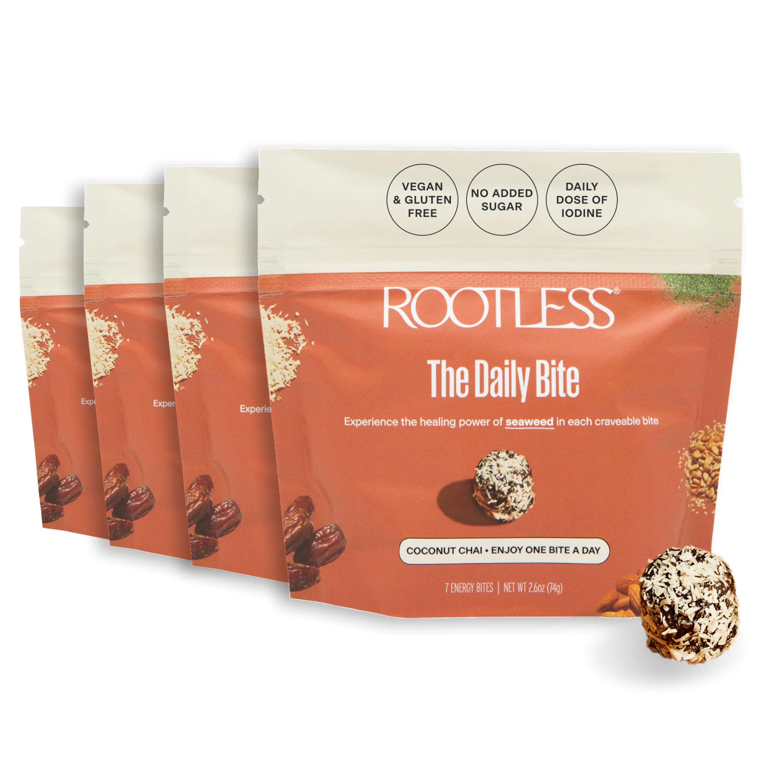 Rootless Seaweed Daily Bites Coconut Chai pack front promotes daily wellness ritual