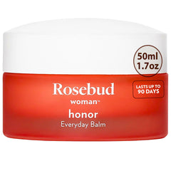 Rosebud Woman Honor balm packaging highlighting hormone-free, organic vaginal hydration for daily use.
