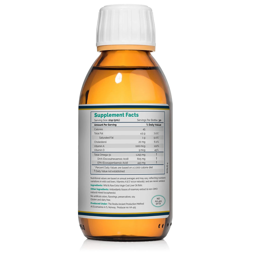 Rosita Real Foods cod liver oil bottle on table, emphasizing sustainability and freshness.
