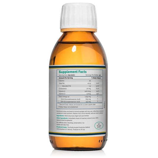Rosita Real Foods cod liver oil bottle on table, emphasizing sustainability and freshness.