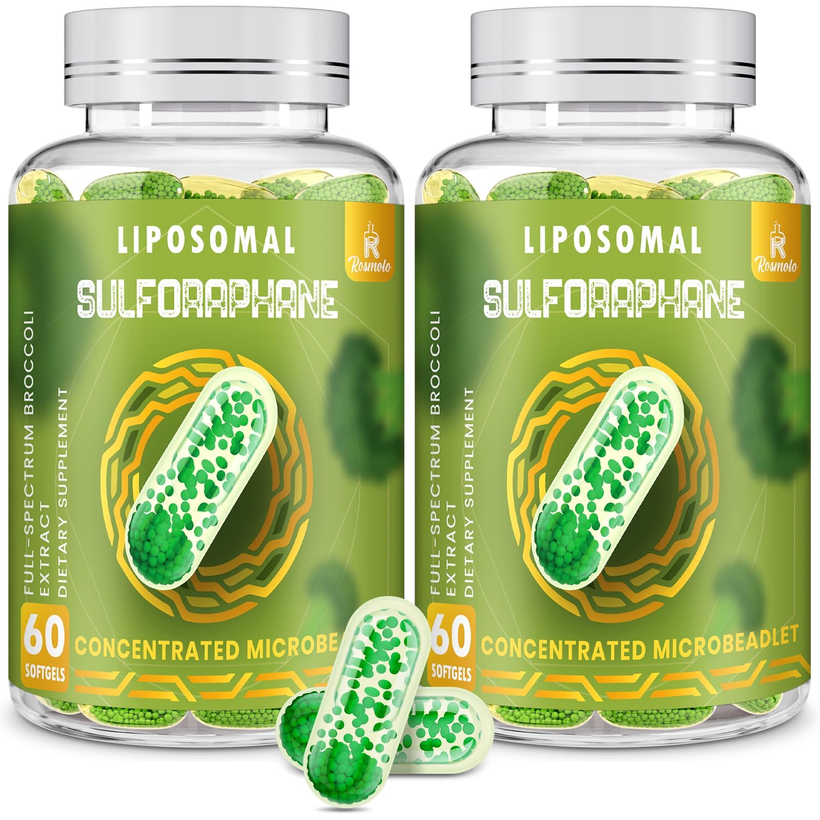 Rosmolo 800 mg liposomal sulforaphane softgels showing enhanced absorption and potency.