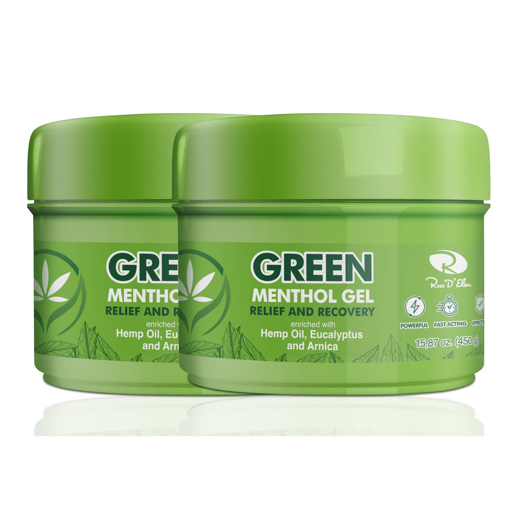 Ross D'Elen Green Menthol Gel jar front demonstrates refreshing cooling relief for daily use.
