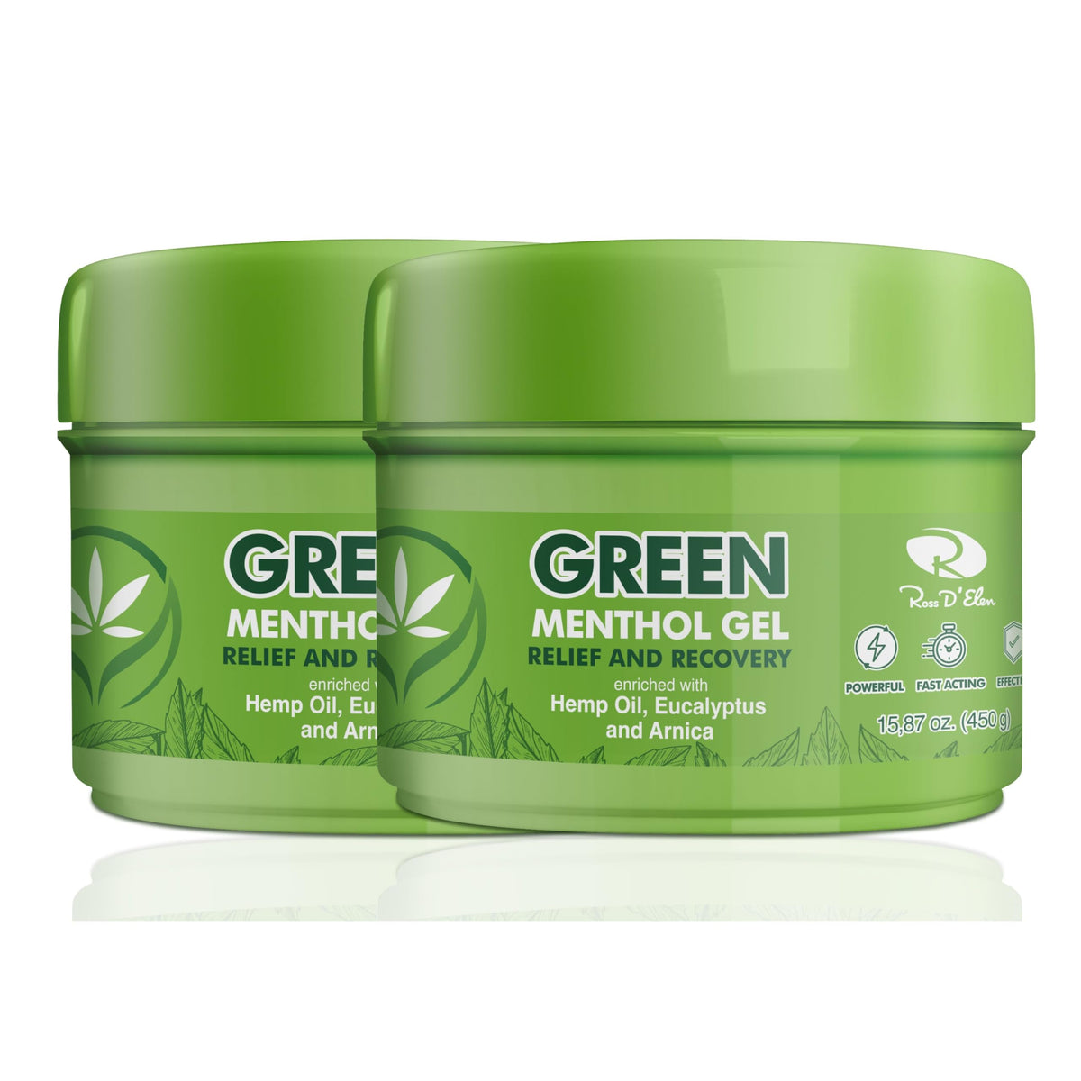 Ross D'Elen Green Menthol Gel jar front demonstrates refreshing cooling relief for daily use.
