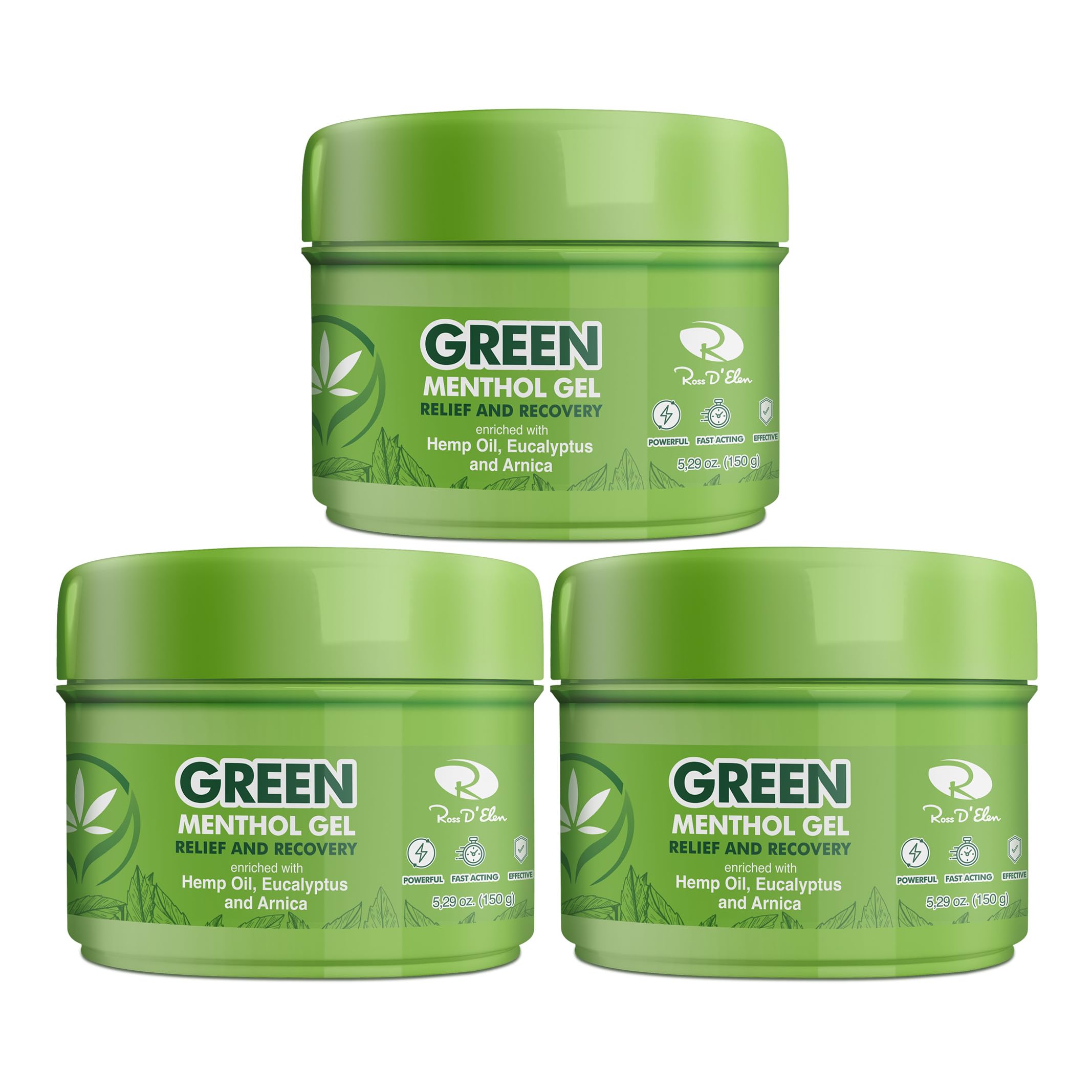 Ross D’Elen Green Menthol Gel jar front view for a refreshing, cooling sensation.