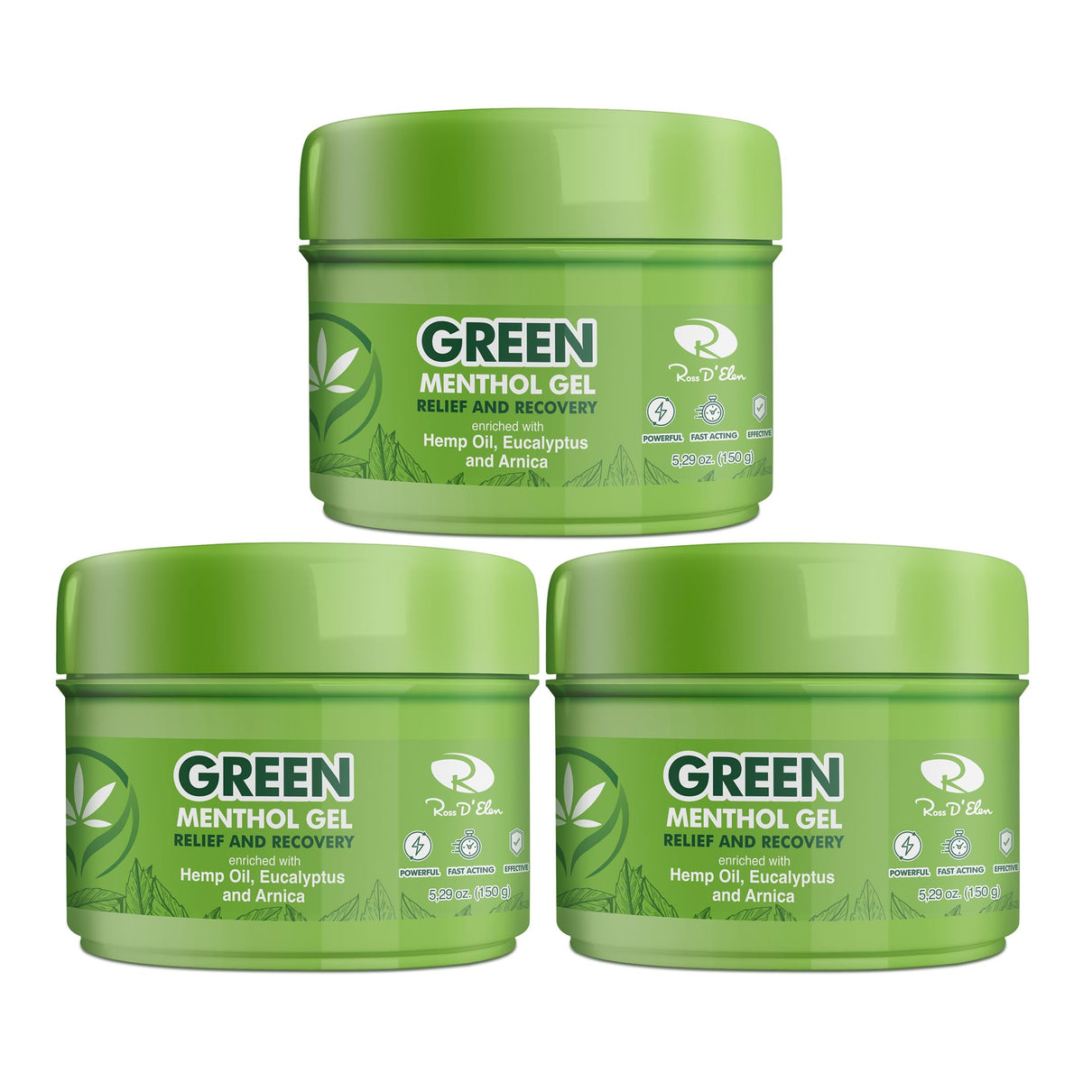Ross D’Elen Green Menthol Gel jar front view for a refreshing, cooling sensation.