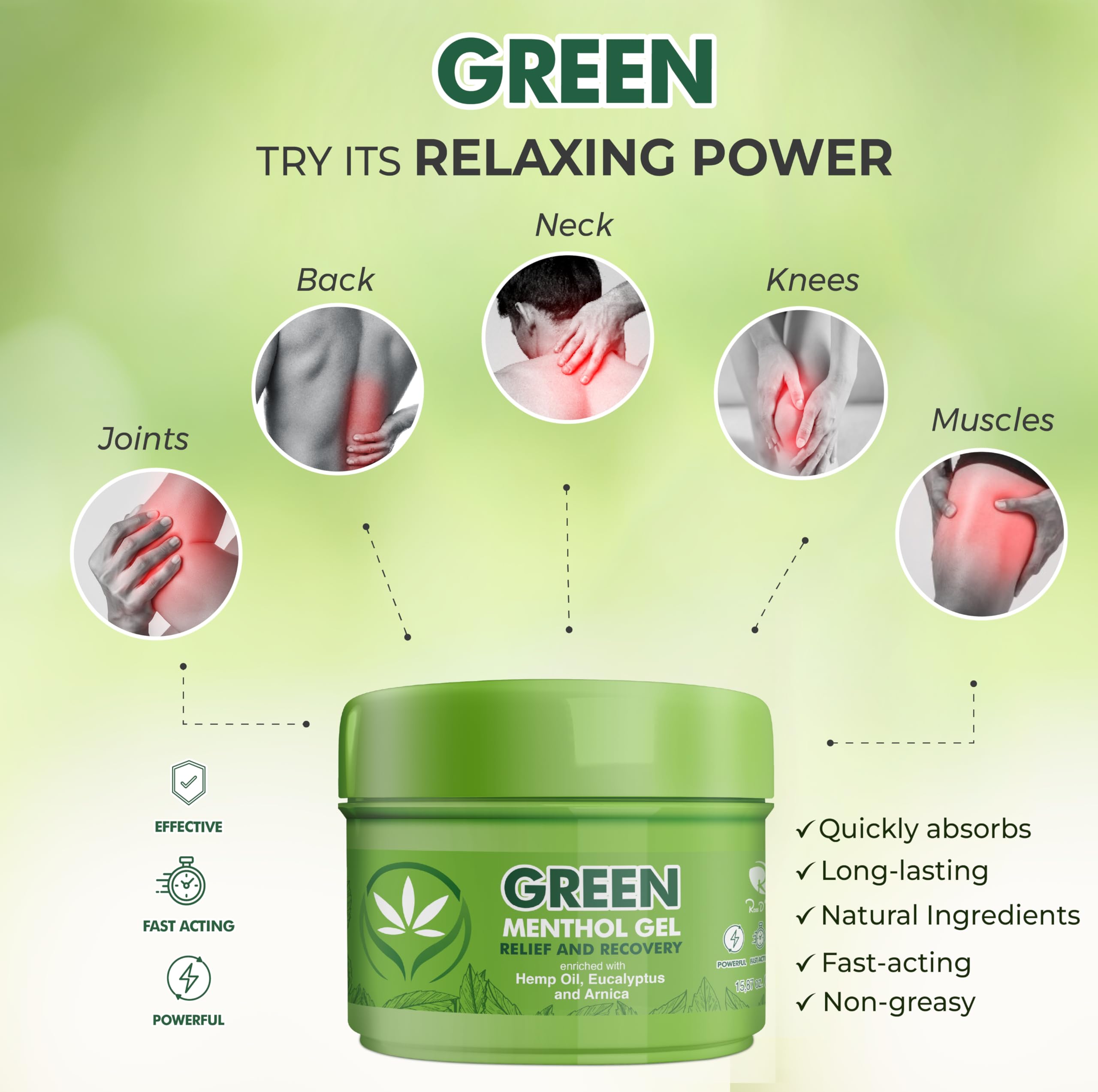 Ross D’Elen Green Menthol Gel jar side view showing non-greasy finish and quick absorption.