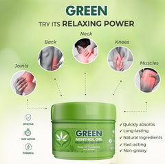 Ross D’Elen Green Menthol Gel jar side view showing non-greasy finish and quick absorption.