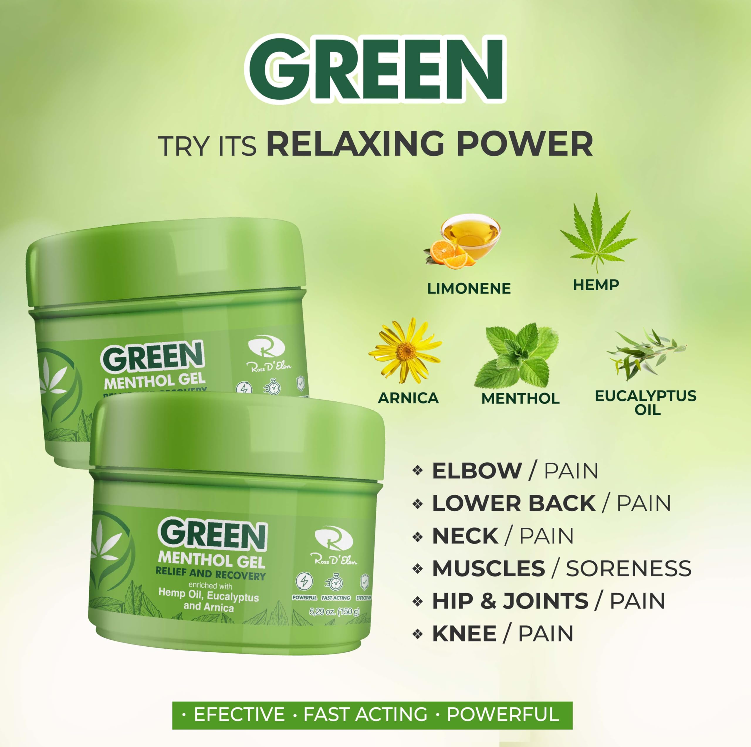 Ross D’Elen Green Menthol Gel label close-up emphasizing USA-ready look and quality formulation.