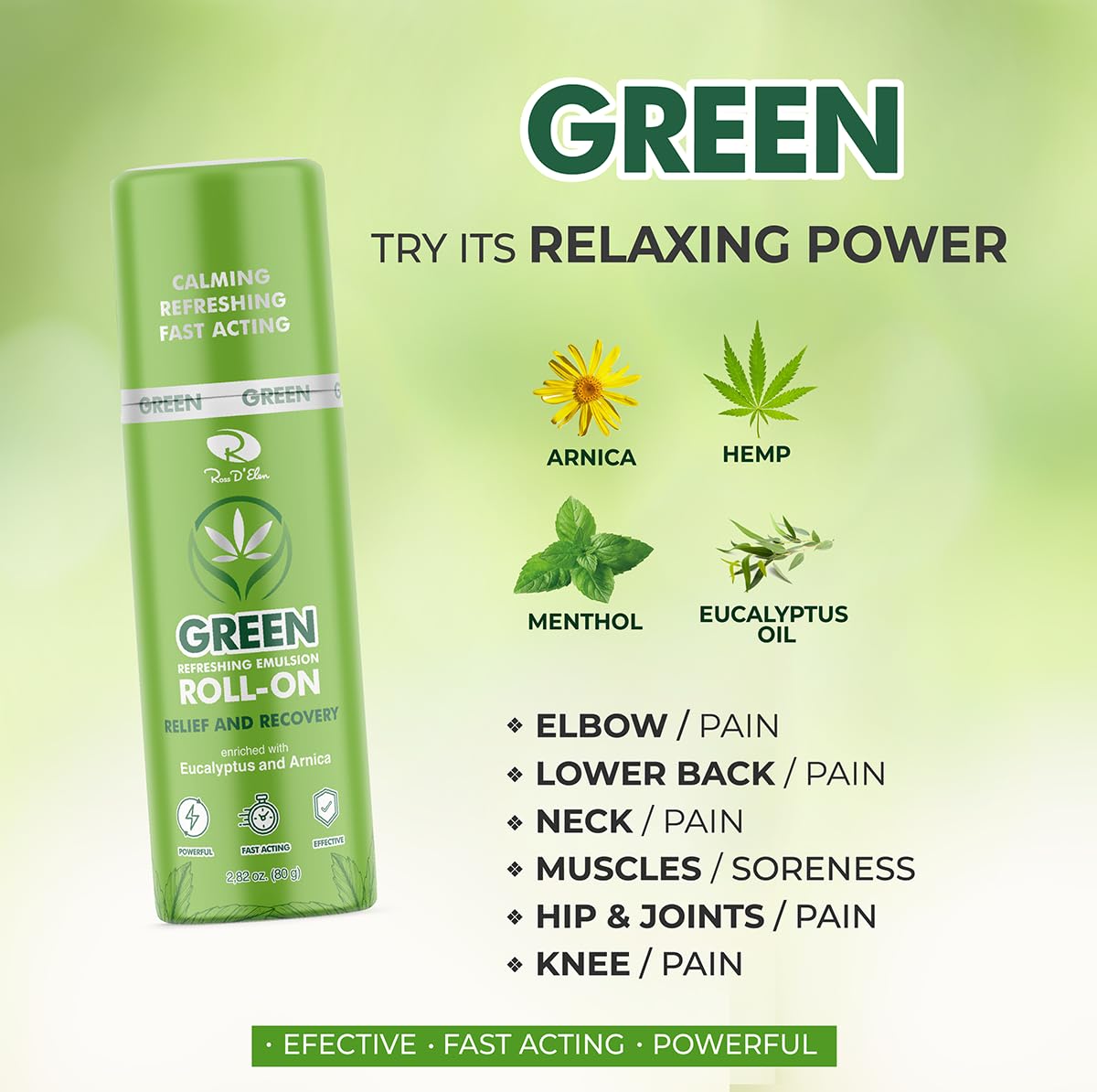 ROSS D'ELEN Green Menthol Roll-On blends menthol, arnica, and eucalyptus for cooling sensation.