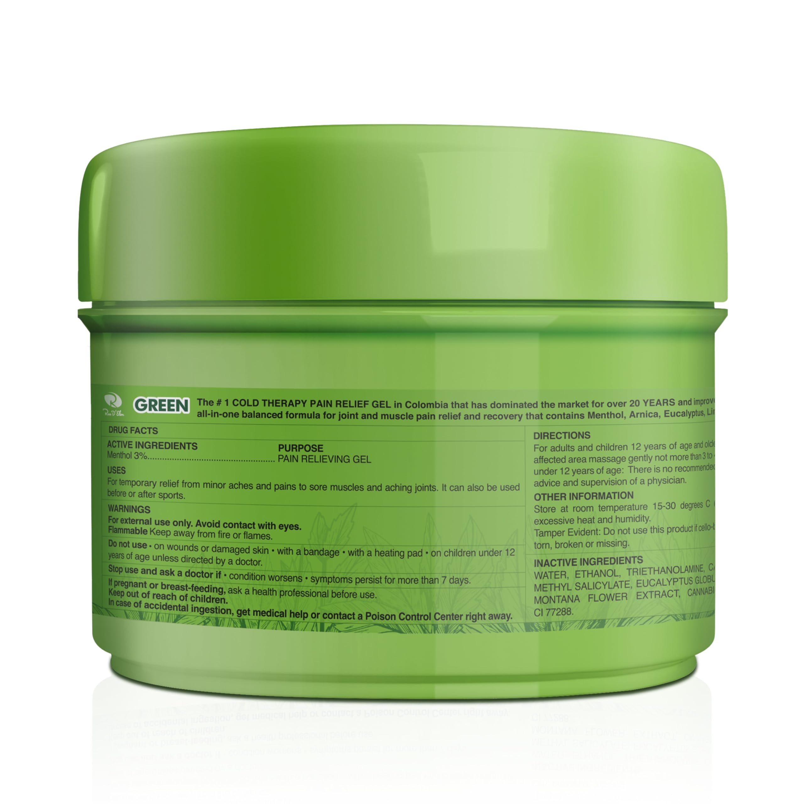 Ingredients include menthol, arnica, eucalyptus, and limonene for a refreshing cooling sensation.