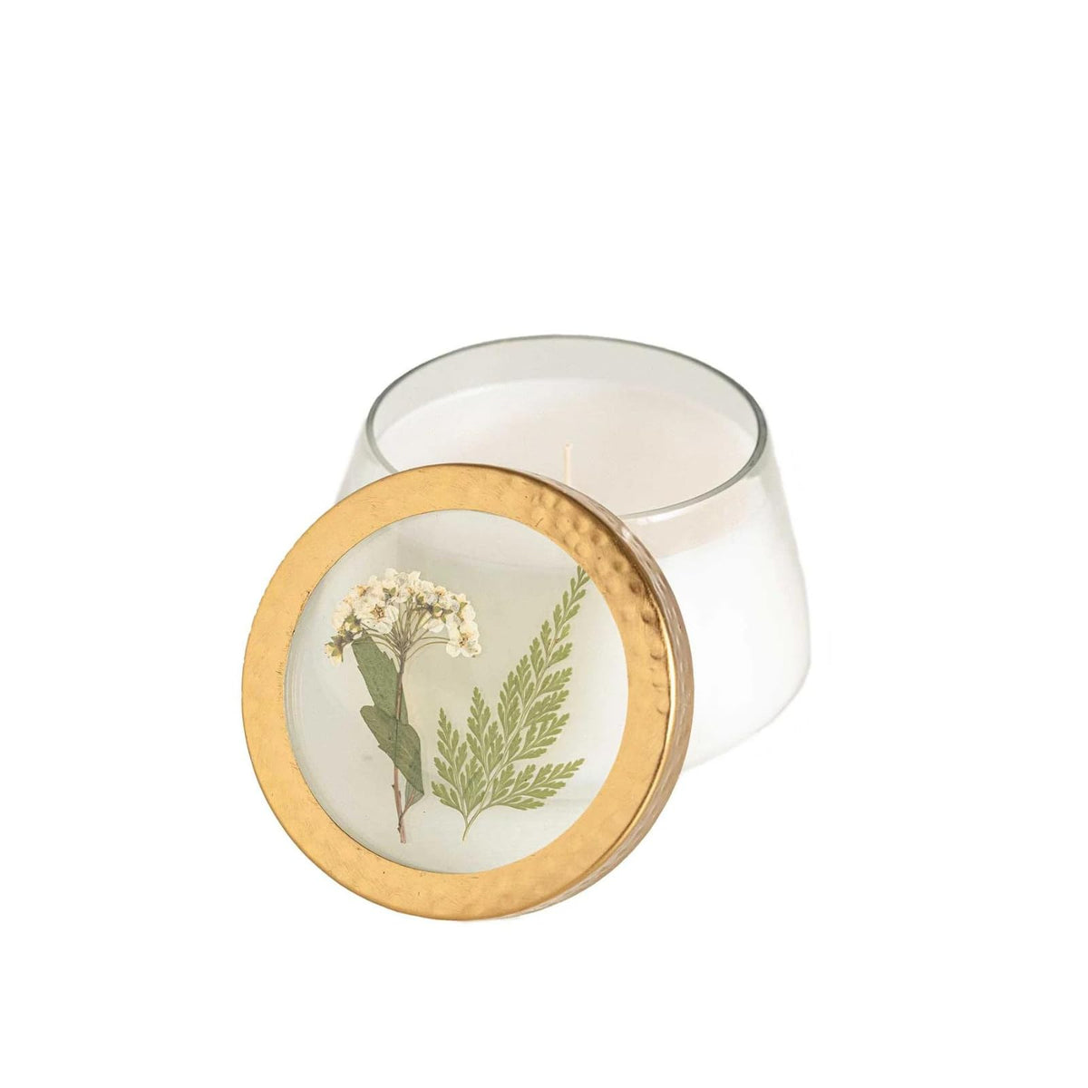 Rosy Rings pressed floral candle with botanical design enhances decor and ambiance.
