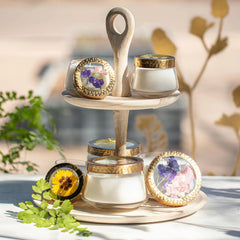 Rosy Rings pressed floral candle hand poured finish for lasting fragrance.