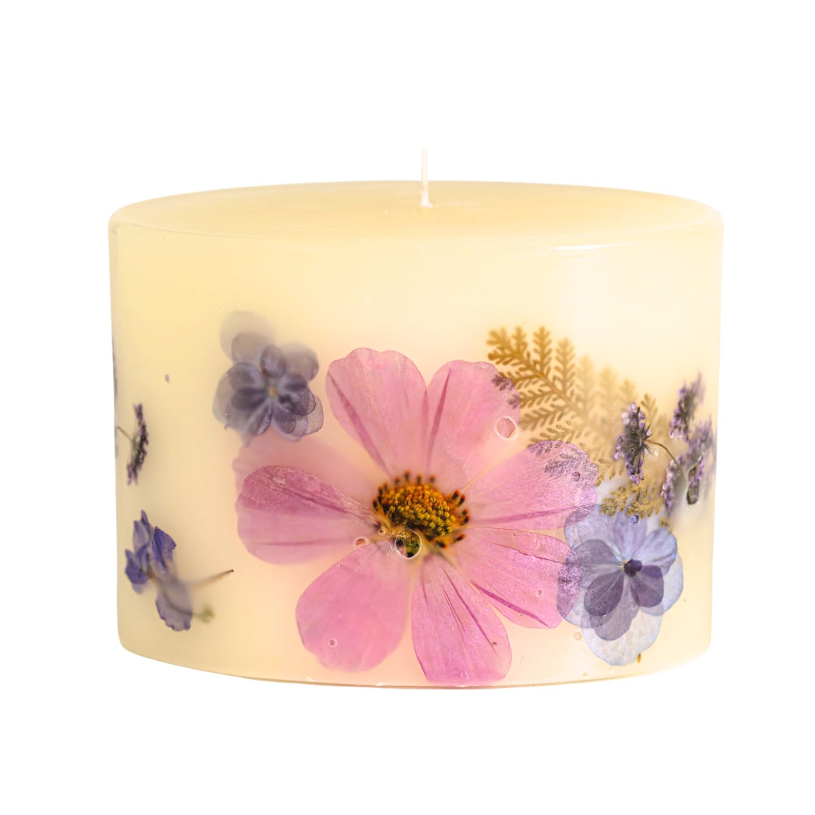 Rosy Rings Roman Lavender Candle close-up on wood for calming ambiance