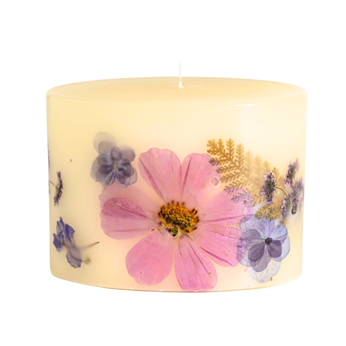 Rosy Rings Roman Lavender Candle close-up on wood for calming ambiance