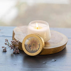 Rosy Rings Vanilla Rain pressed floral glass candle detail highlights elegant home fragrance.
