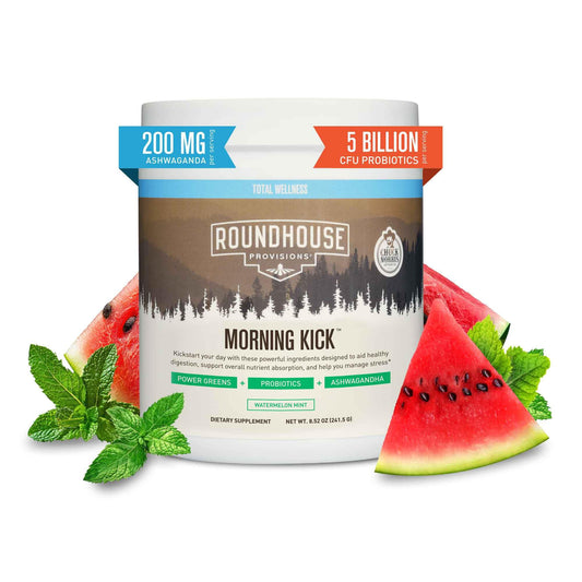 ROUNDHOUSE PROVISION Morning Kick bottle pour for a quick daily greens ritual