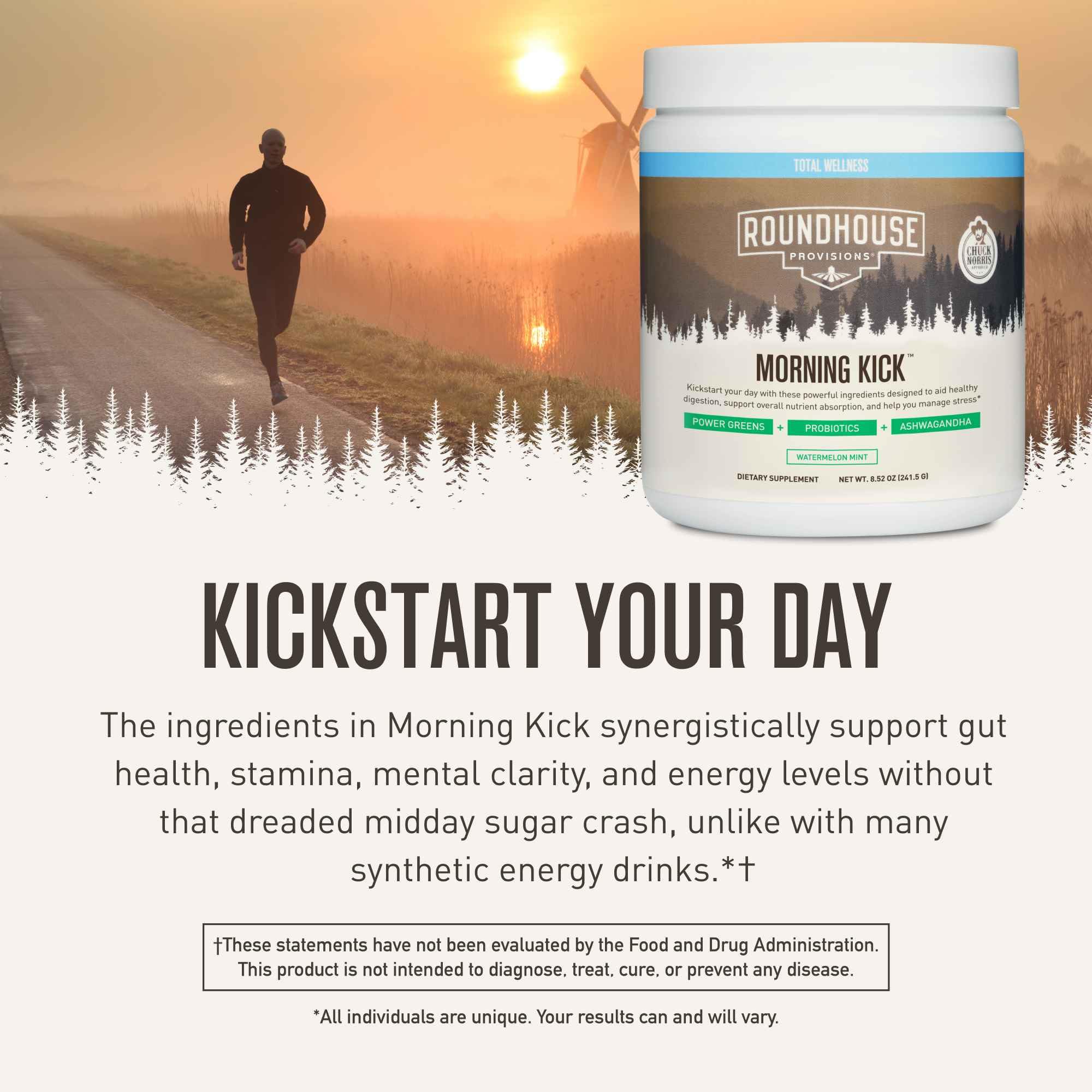 Closeup of Morning Kick label emphasizing flavor and ingredients