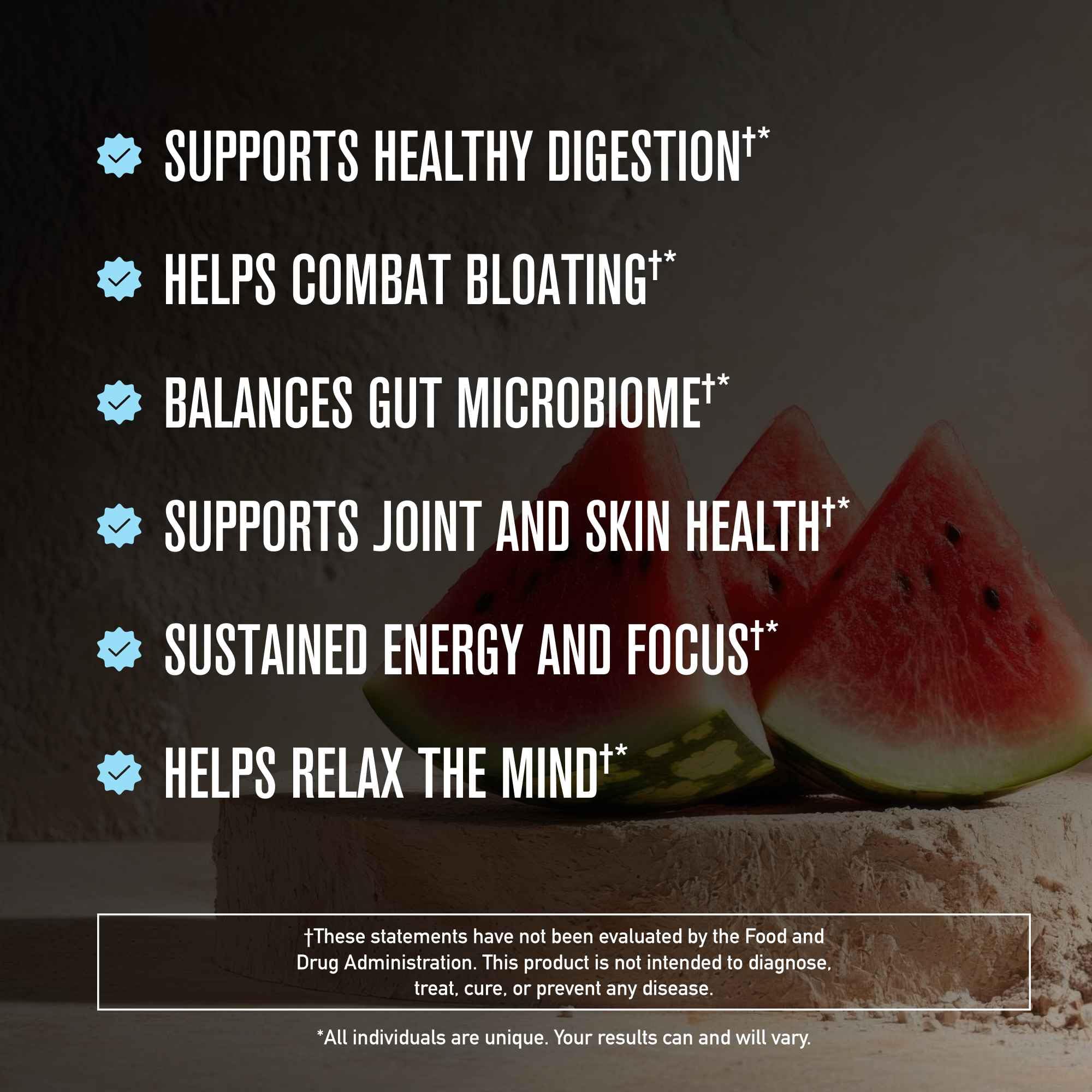 Morning Kick powder jar front label shows probiotics and collagen blend for gut and joints