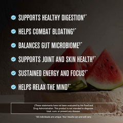Morning Kick powder jar front label shows probiotics and collagen blend for gut and joints