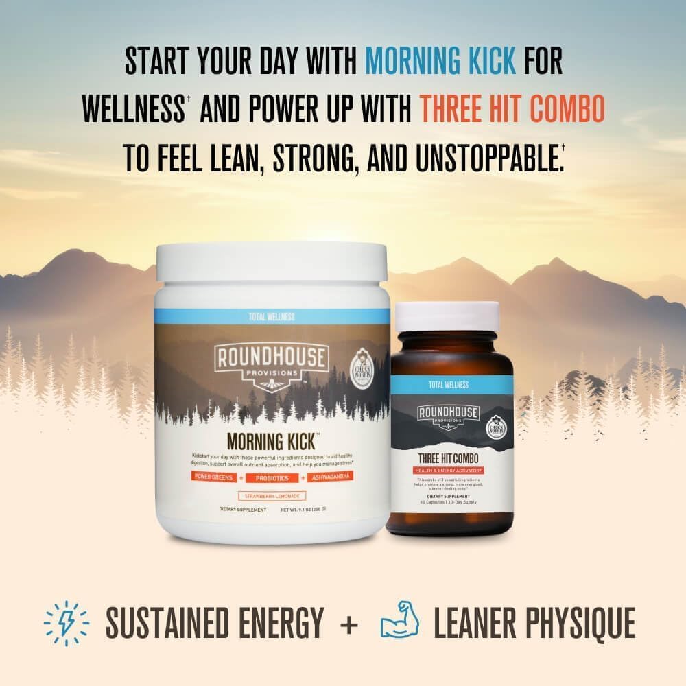 ROUNDHOUSE PROVISION Morning Kick strawberry-lemonade powder beside a glass invites flavor-first routine