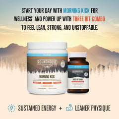 ROUNDHOUSE PROVISION Morning Kick strawberry-lemonade powder beside a glass invites flavor-first routine