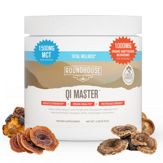 ROUNDHOUSE PROVISION Qi Master Adaptogen Blend bottle for daily energy and focus support.