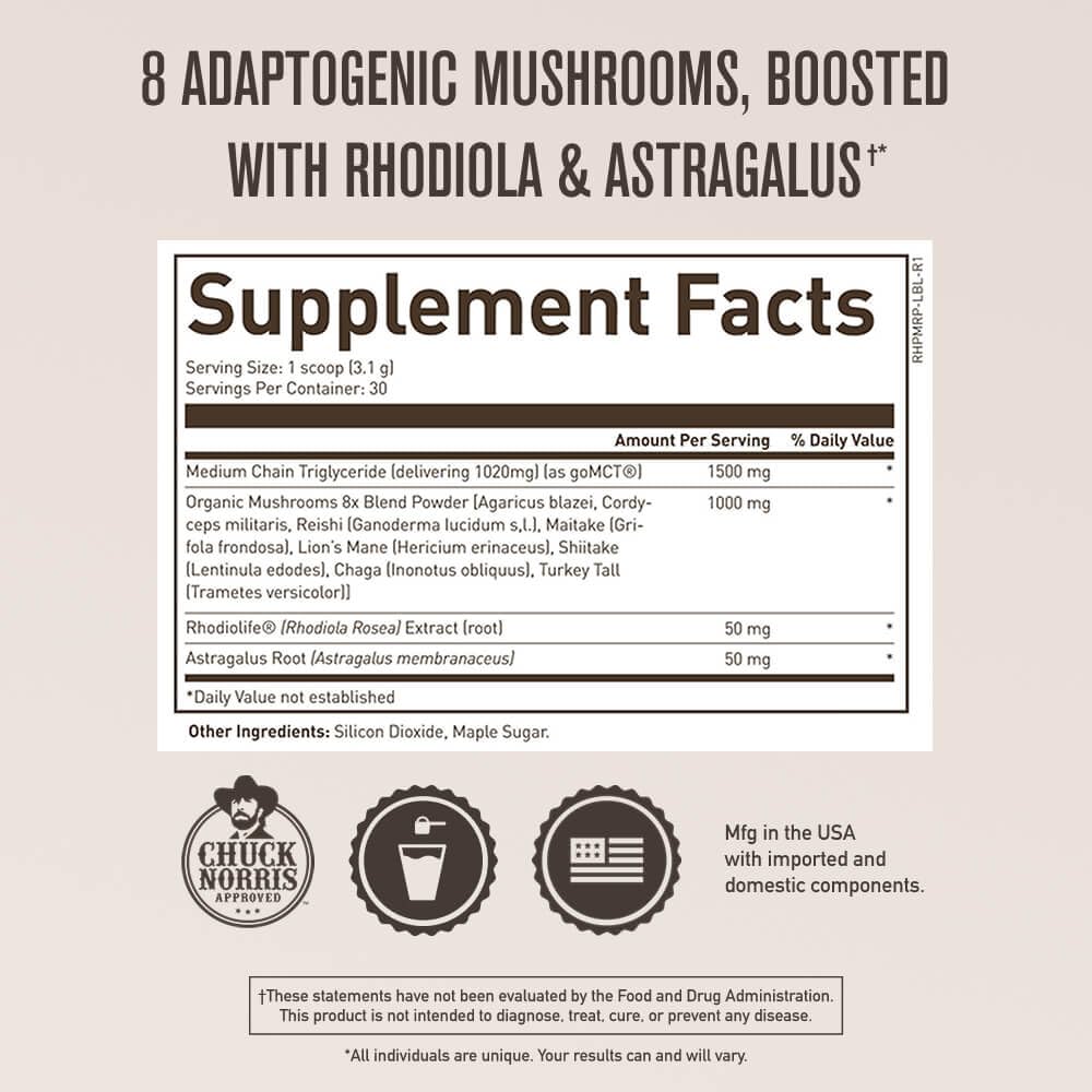 ROUNDHOUSE PROVISION Qi Master Adaptogen Blend mixed in juice showing earthy flavor.