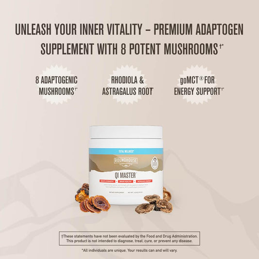 ROUNDHOUSE PROVISION Qi Master Adaptogen Blend label closeup highlighting mushrooms and endurance potential.