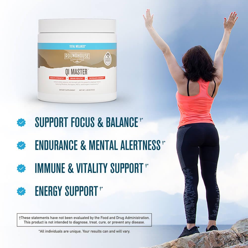 ROUNDHOUSE PROVISION Qi Master Adaptogen Blend mushroom powder texture up close.