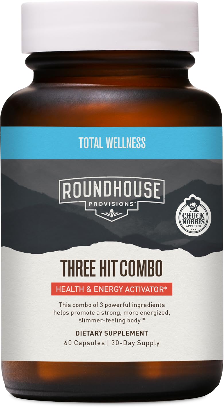 ROUNDHOUSE PROVISION Three Hit Combo bottle front for energy support and wellness.