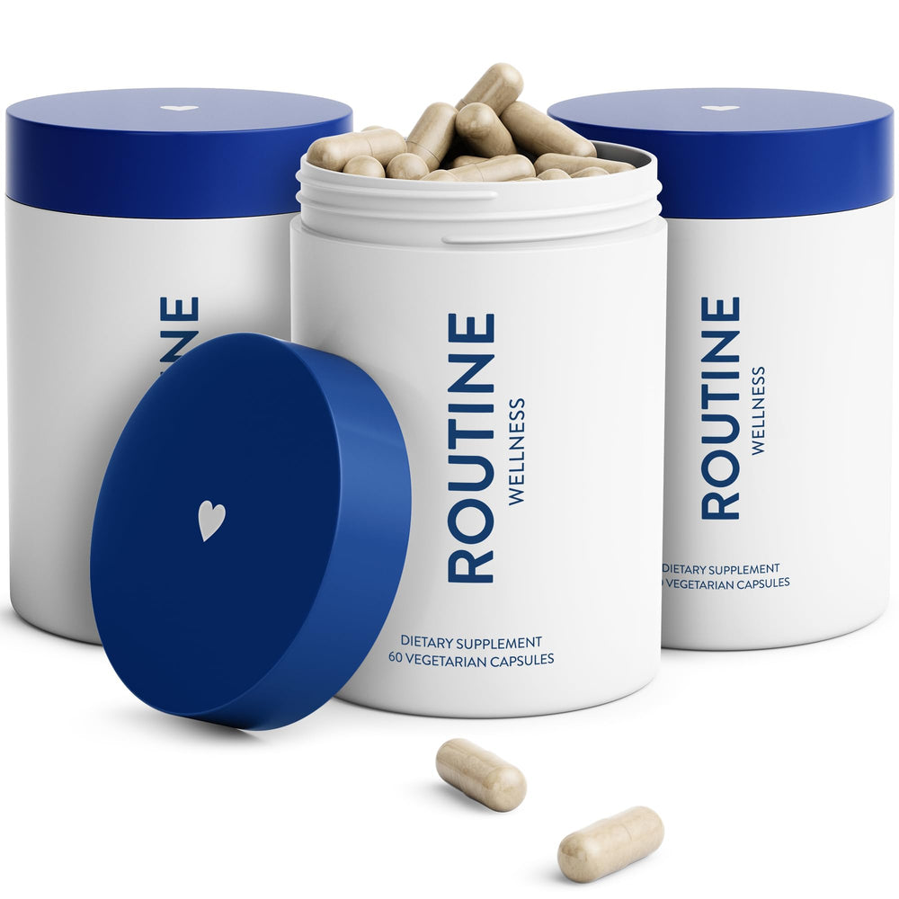 Routine Wellness hair growth supplement bottle front with brand logo, showcasing product design