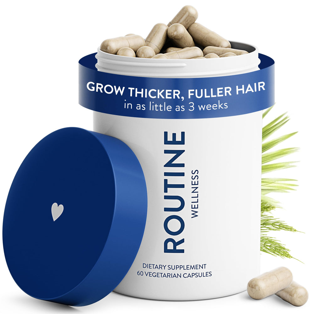 Routine Wellness hair growth supplement bottle promotes fuller-looking hair.